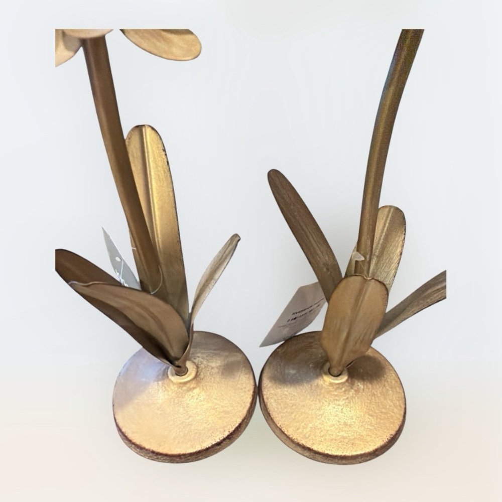 NWT Set of Kirklands Distressed Gold Metal Floral 9” Taper Candle Holders - Picture 3 of 6